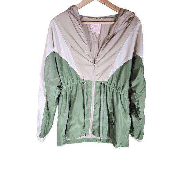 OUTDOOR COLLECTION Women's Green White Hooded Full Zip Windbreaker SZ M - Picture 1 of 9